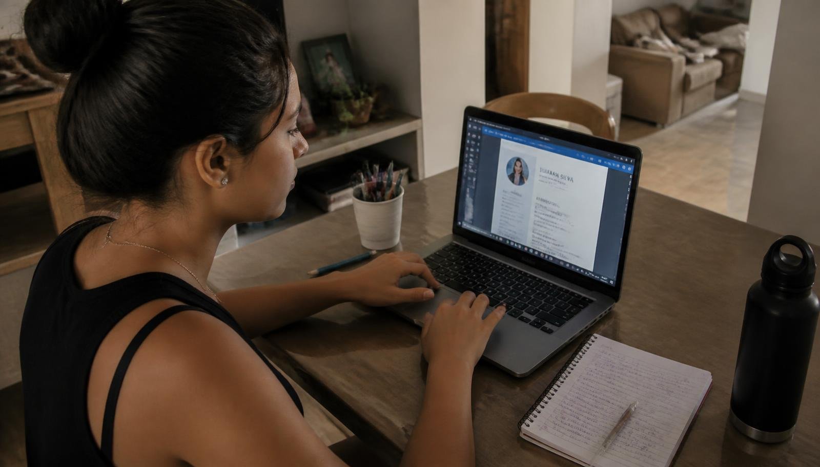 Atualização de currículo com palavras-chave da vaga Mulher atualiza o currículo no notebook em casa, com caderno de anotações aberto ao lado