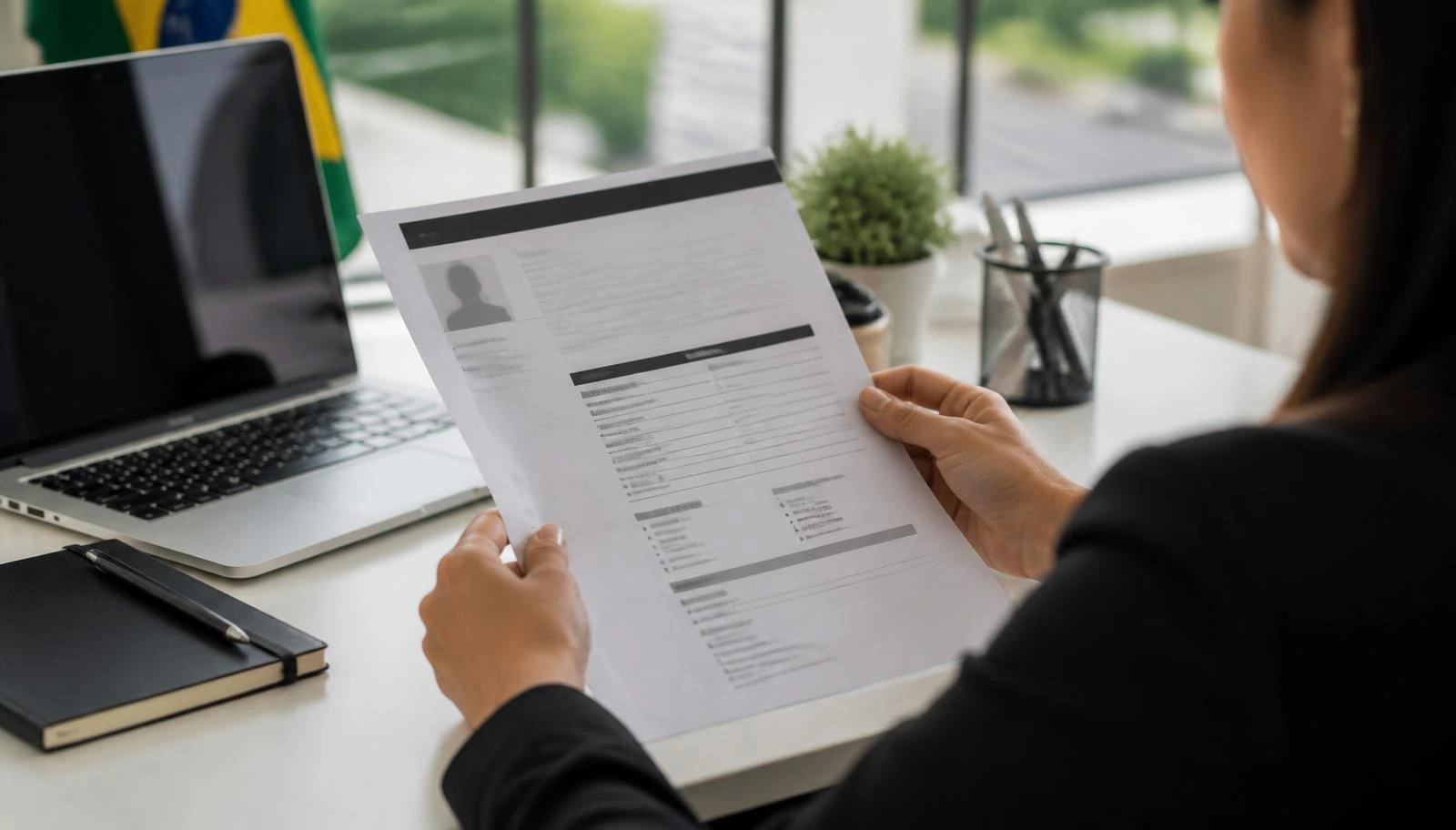 Recrutadora analisa um currículo impresso sobre a mesa, com notebook e caderno de anotações ao lado