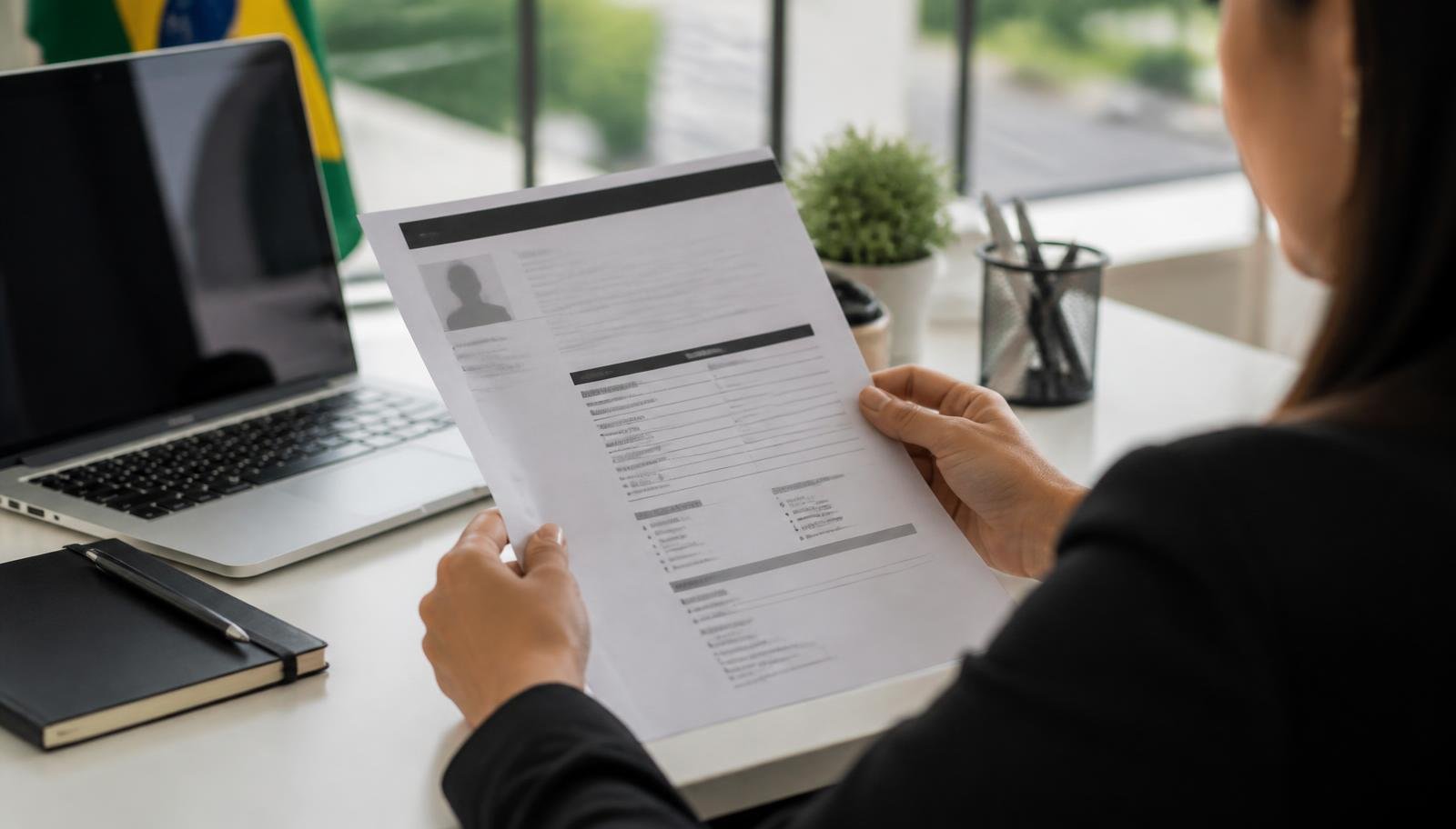 Análise de currículo profissional durante a triagem de candidatos Recrutadora analisa um currículo impresso sobre a mesa, com notebook e caderno de anotações ao lado