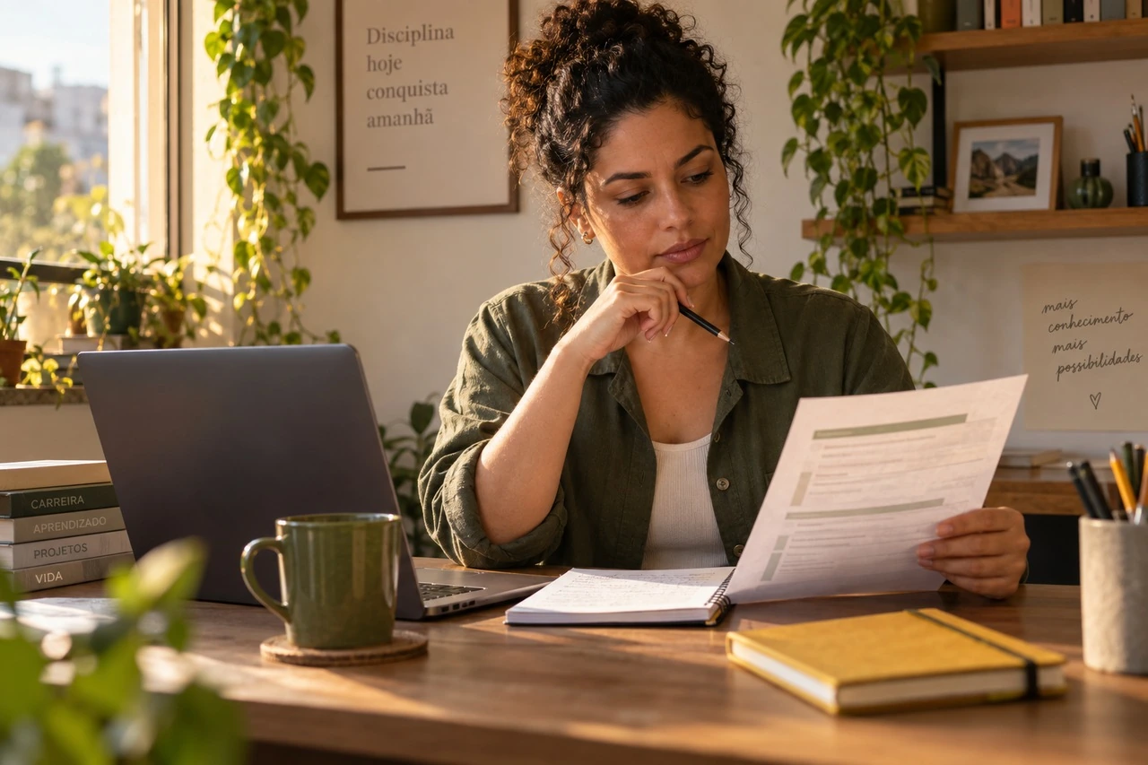Mulher compara materiais de estudo e informações de cursos em uma mesa com notebook.