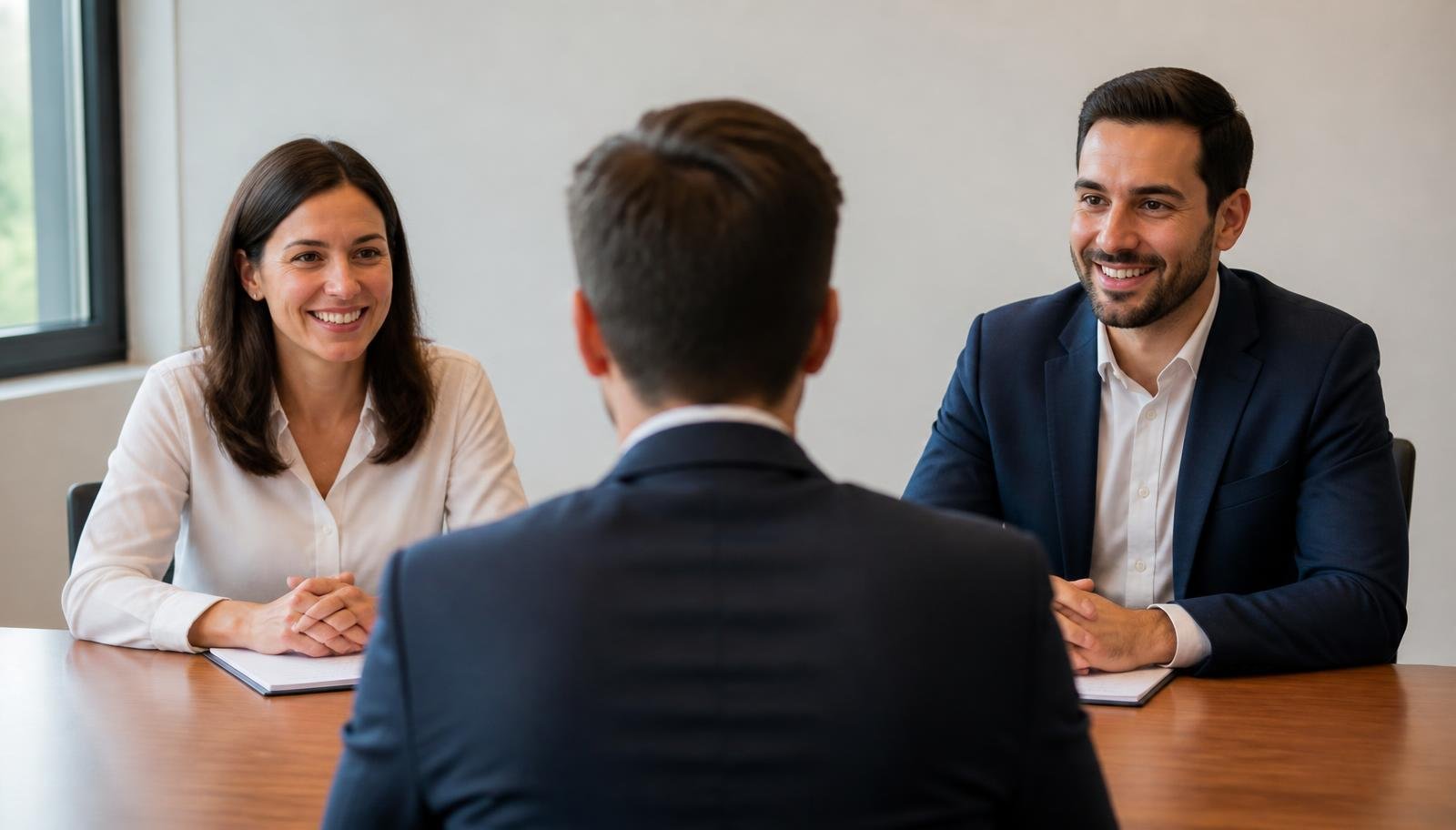 Entrevista de emprego presencial com dois recrutadores Candidato conversa com dois recrutadores em sala de reunião clara durante entrevista de emprego
