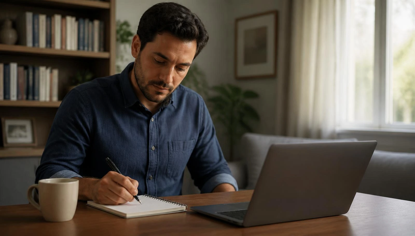 Homem pesquisa informações sobre a empresa no notebook e anota pontos em um caderno antes da entrevista