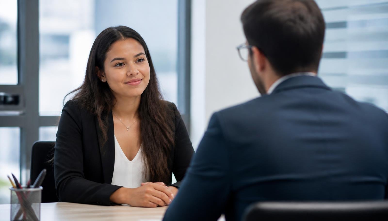 Entrevista de primeiro emprego: candidata e recrutador em conversa Jovem candidata conversa com recrutador durante entrevista de primeiro emprego em escritório iluminado