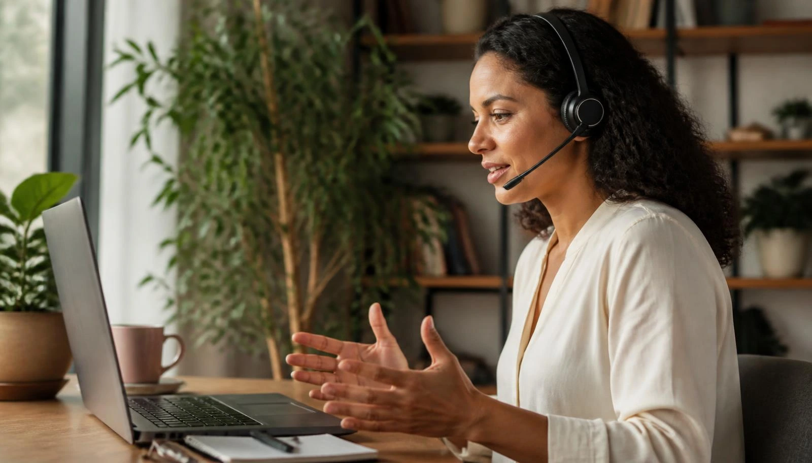 Profissional trabalhando em home office com notebook e headset durante reunião por vídeo
