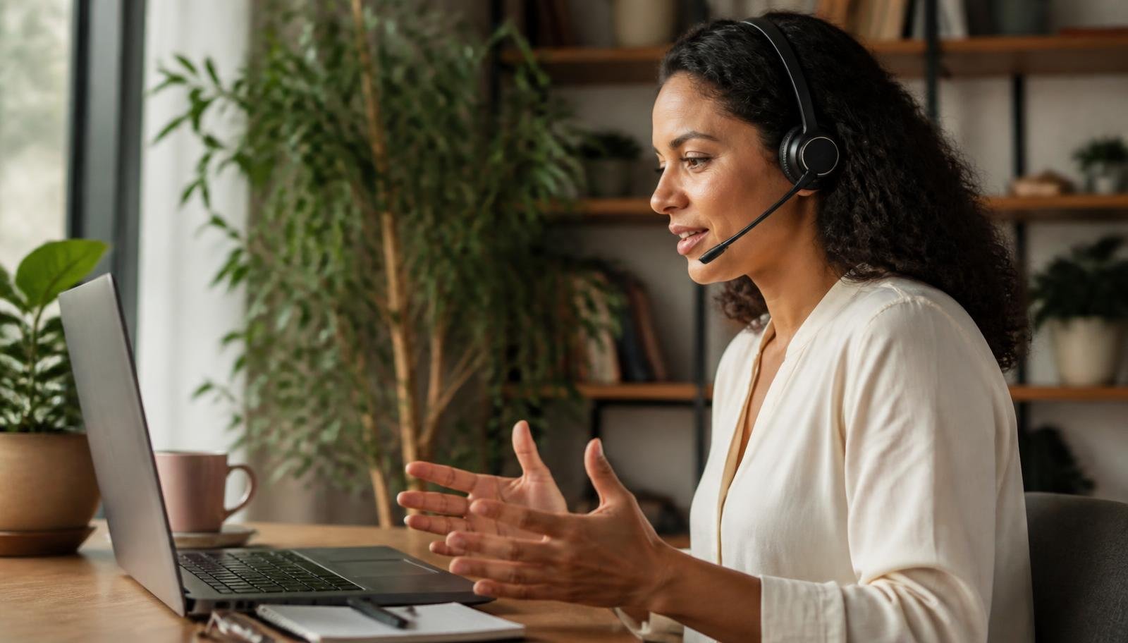 Trabalho remoto: rotina de home office com reunião por vídeo Profissional trabalhando em home office com notebook e headset durante reunião por vídeo